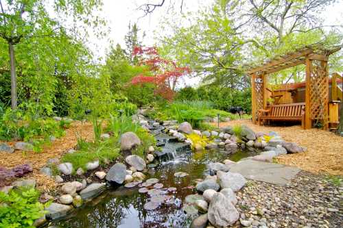 A serene garden with a small waterfall, pond, rocks, and a wooden swing under a pergola surrounded by lush greenery.