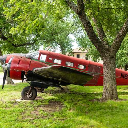 An old red and green airplane parked under a large tree in a grassy area, with buildings visible in the background.