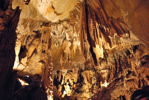 Stalactites and stalagmites in a beautifully lit cave, showcasing intricate rock formations and textures.