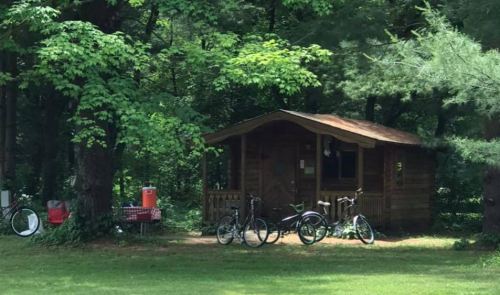 A small wooden cabin surrounded by trees, with bicycles parked outside and a picnic table nearby.