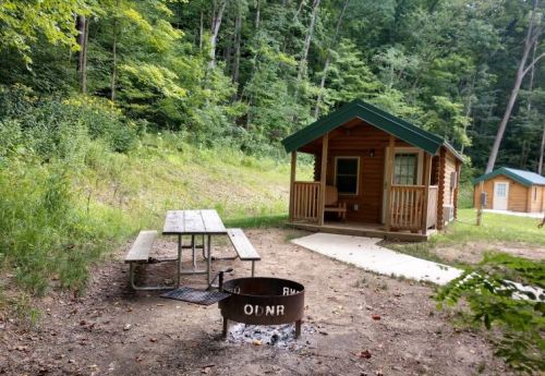A cozy cabin in a wooded area, with a picnic table and fire pit nearby, surrounded by lush greenery.