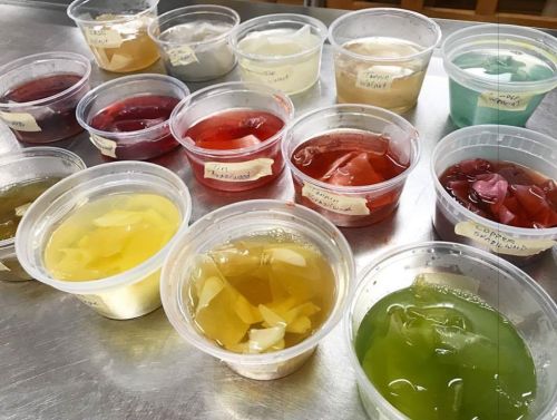 A variety of colorful gelatin samples in clear cups, labeled and arranged on a table.