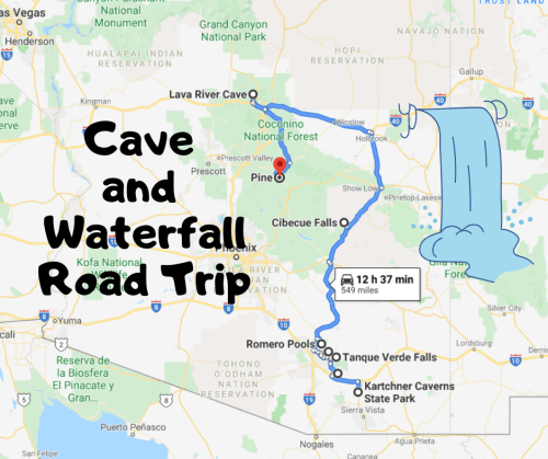 Map showing a road trip route from Pine to various caves and waterfalls, with a waterfall illustration and travel details.