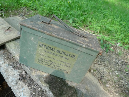 A weathered green geocache box labeled "Official Geocache" resting on a wooden surface in a grassy area.