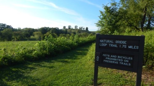 Sign for Natural Bridge Loop Trail, 1.75 miles, with lush greenery and rolling hills in the background.