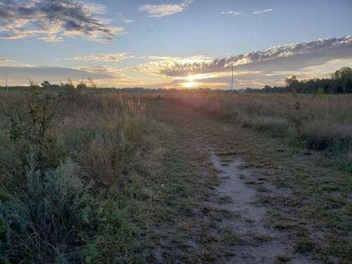 A serene landscape at sunset, featuring a dirt path through tall grass and a colorful sky with scattered clouds.