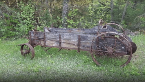 An old wooden cart with metal wheels, resting on grass surrounded by trees.