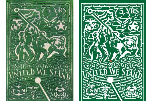 Two green designs celebrating 75 years, featuring a military-themed maze with the text "UNITED WE STAND" and USN emblem.
