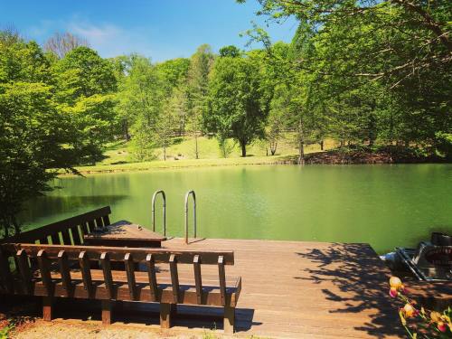 A serene lake surrounded by lush greenery, featuring a wooden dock with steps leading into the water.