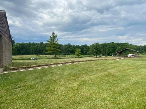A grassy area with a path under construction, surrounded by trees and a cloudy sky in the background.