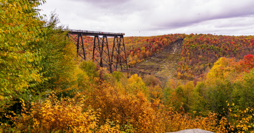 A scenic view of a tall bridge over a colorful autumn landscape with vibrant trees and a cloudy sky.