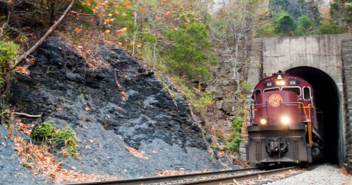 A train emerges from a dark tunnel surrounded by autumn foliage and rocky terrain.