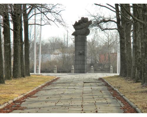 A stone pathway lined with trees leads to a large monument at the end, set against a muted landscape.