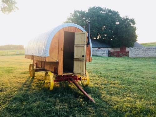 A wooden wagon with a curved roof sits on grass, illuminated by sunlight, with an open door and a rustic backdrop.