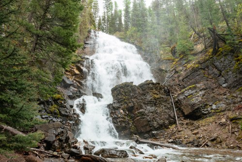 A cascading waterfall flows down rocky terrain, surrounded by lush green trees and mist in a serene forest setting.