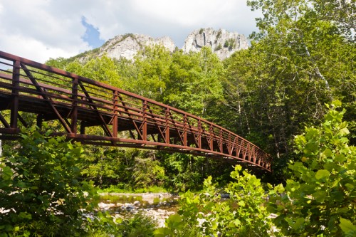 A metal bridge arches over a river, surrounded by lush greenery and rocky mountains in the background.