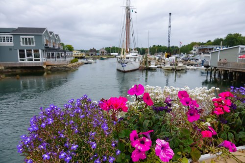 A scenic harbor view with colorful flowers in the foreground, boats docked, and cloudy skies above.