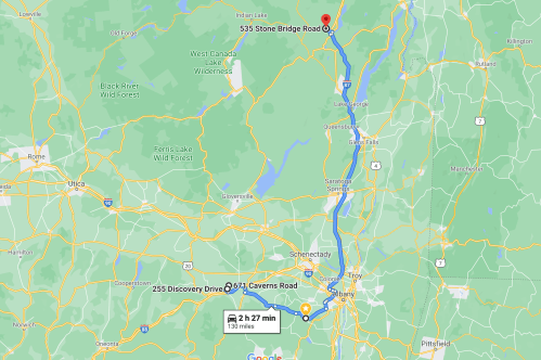 Map showing driving directions from 255 Discovery Drive to 535 Stone Bridge Road, estimated time 2 hours 27 minutes.