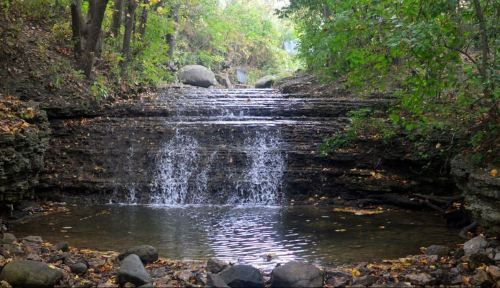 A serene waterfall cascades over rocky steps into a calm pool, surrounded by lush greenery and autumn leaves.