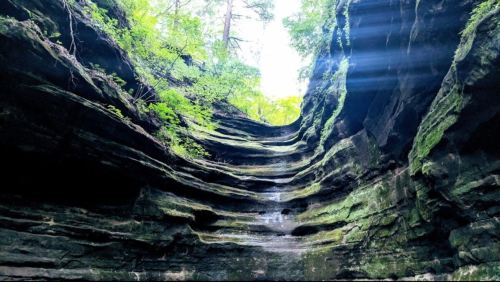 A view of a rocky canyon with lush greenery and sunlight streaming down from above.