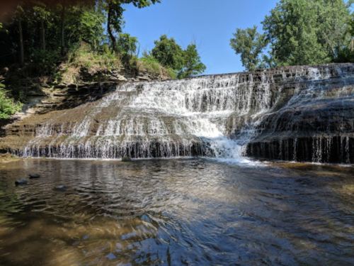 A serene waterfall cascading over rocky ledges into a calm pool, surrounded by lush greenery under a clear blue sky.