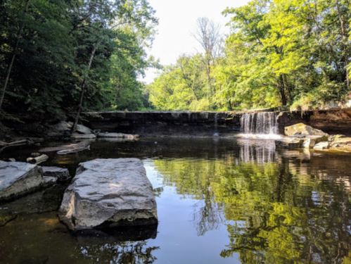 A serene waterfall cascades over rocks into a calm pool, surrounded by lush green trees and a clear blue sky.