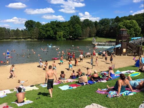 A busy beach scene with people swimming, sunbathing, and playing near a lake, surrounded by trees and a playground.