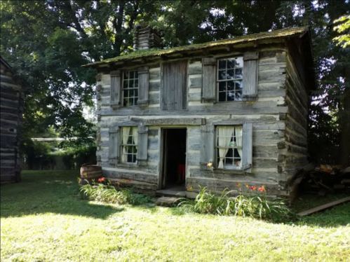 A rustic log cabin with wooden shutters, surrounded by greenery and flowers, set in a sunny outdoor area.