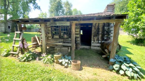 A rustic log cabin with a porch, surrounded by greenery and flowers, resembling an old general store.
