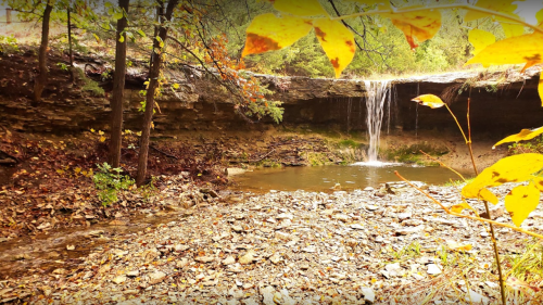 A serene waterfall cascades over a rocky ledge into a calm pool, surrounded by autumn foliage and earthy tones.