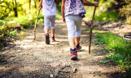 Two children walking on a dirt path in a forest, each holding a stick, wearing casual clothing and hiking shoes.