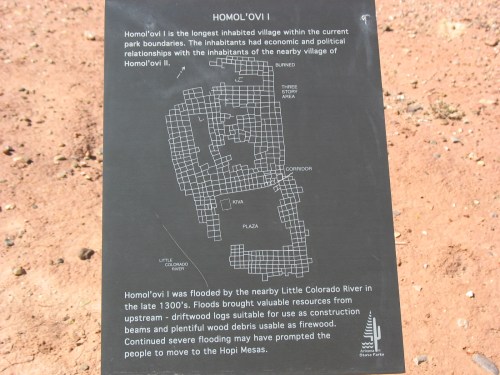 Sign detailing the history and layout of Homol'ovi I, an ancient village affected by flooding from the Little Colorado River.