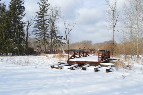 A wooden bridge in a snowy landscape, surrounded by trees and a cloudy sky.