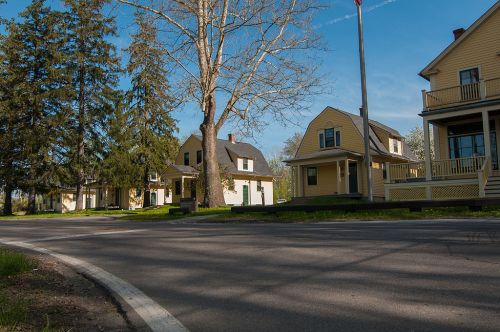 A quiet street lined with yellow houses and tall trees under a clear blue sky.