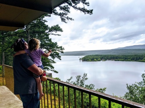 A person holds a child on their hip, both looking out over a calm lake surrounded by trees under a cloudy sky.