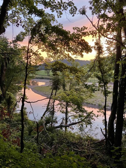 A serene river scene framed by trees, with a colorful sunset reflecting on the water.