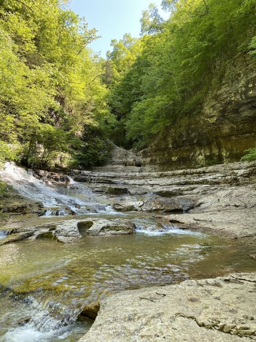 A serene waterfall cascades over rocky ledges, surrounded by lush green trees and a clear pool of water below.