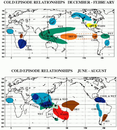 World map showing cold episode relationships for December-February and June-August, with color-coded climate patterns.