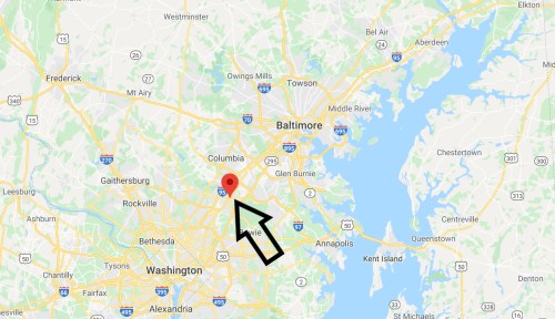 Map showing the Baltimore-Washington area with a red marker indicating a specific location.
