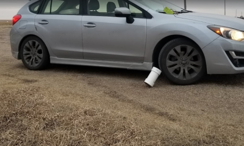 A silver car parked on dry grass with a white cup tipped over beside it.