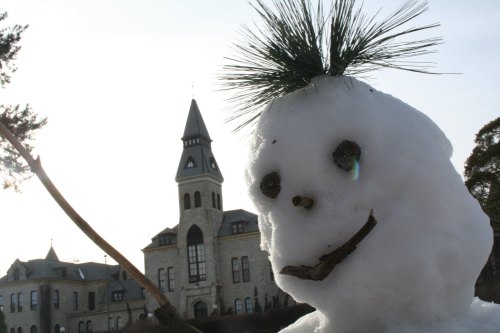 A snowman with a pine sprig for hair stands in front of a historic building on a sunny winter day.