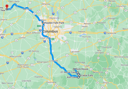 Map showing a route from Columbus, Ohio, to various locations including Rock House and Ash Cave in the Hocking Hills region.
