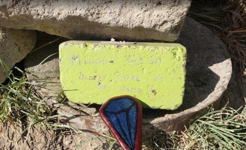 A bright green sign on a rock, labeled "Miner GC30," with a blue and red geometric shape nearby.