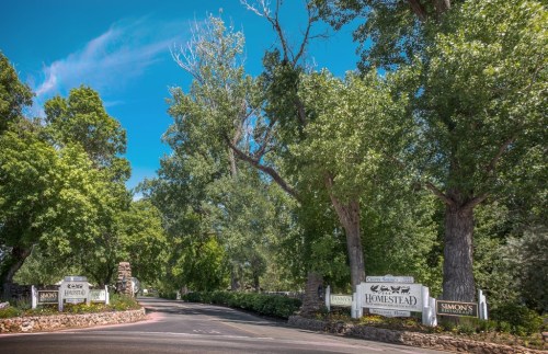 A scenic entrance with large trees and signs for "The Homestead" and "Simon's" along a winding road.