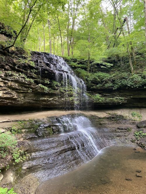 A serene waterfall cascading over rocky cliffs, surrounded by lush green trees and a calm pool below.
