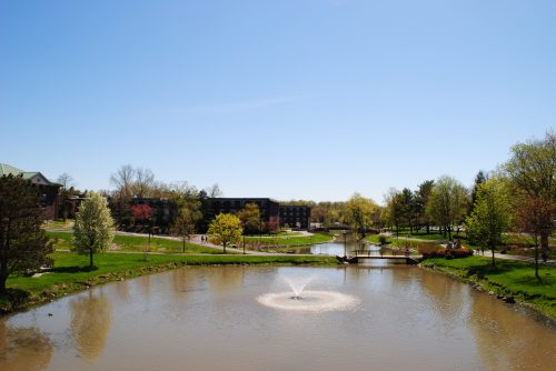A serene park scene featuring a pond with a fountain, surrounded by lush greenery and clear blue skies.