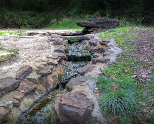 A small stone-lined stream flows through a wooded area, surrounded by grass and rocks.