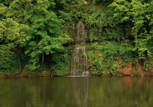 A serene waterfall cascades down a lush, green cliff into a calm, reflective pond surrounded by dense foliage.