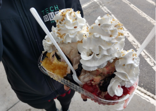 A person holds a large ice cream sundae topped with whipped cream and nuts, featuring various flavors and toppings.