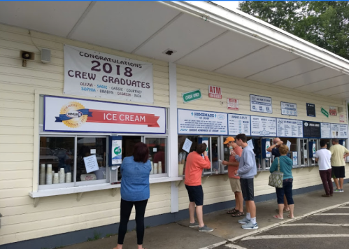 A group of people ordering ice cream at a stand with a sign celebrating 2018 crew graduates.